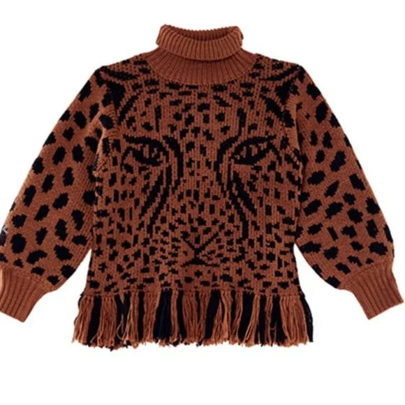 Farm Rio Midnight Leopard Turtleneck Fringe Sweater Medium